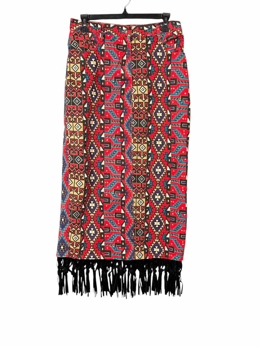 Vintage 90s Adobe Rose Skirt Sz 9/10 Red Southwestern Aztec Denim Pencil Fringe - Picture 2 of 7
